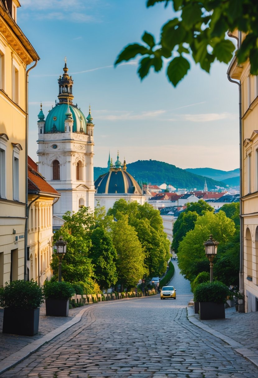 A serene view of Vienna's historic architecture and charming cobblestone streets, surrounded by lush greenery and the sound of classical music in the air