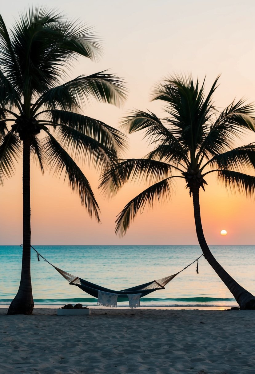 A secluded beach at sunset, with palm trees and a calm, turquoise ocean. A couple's hammock sways in the gentle breeze