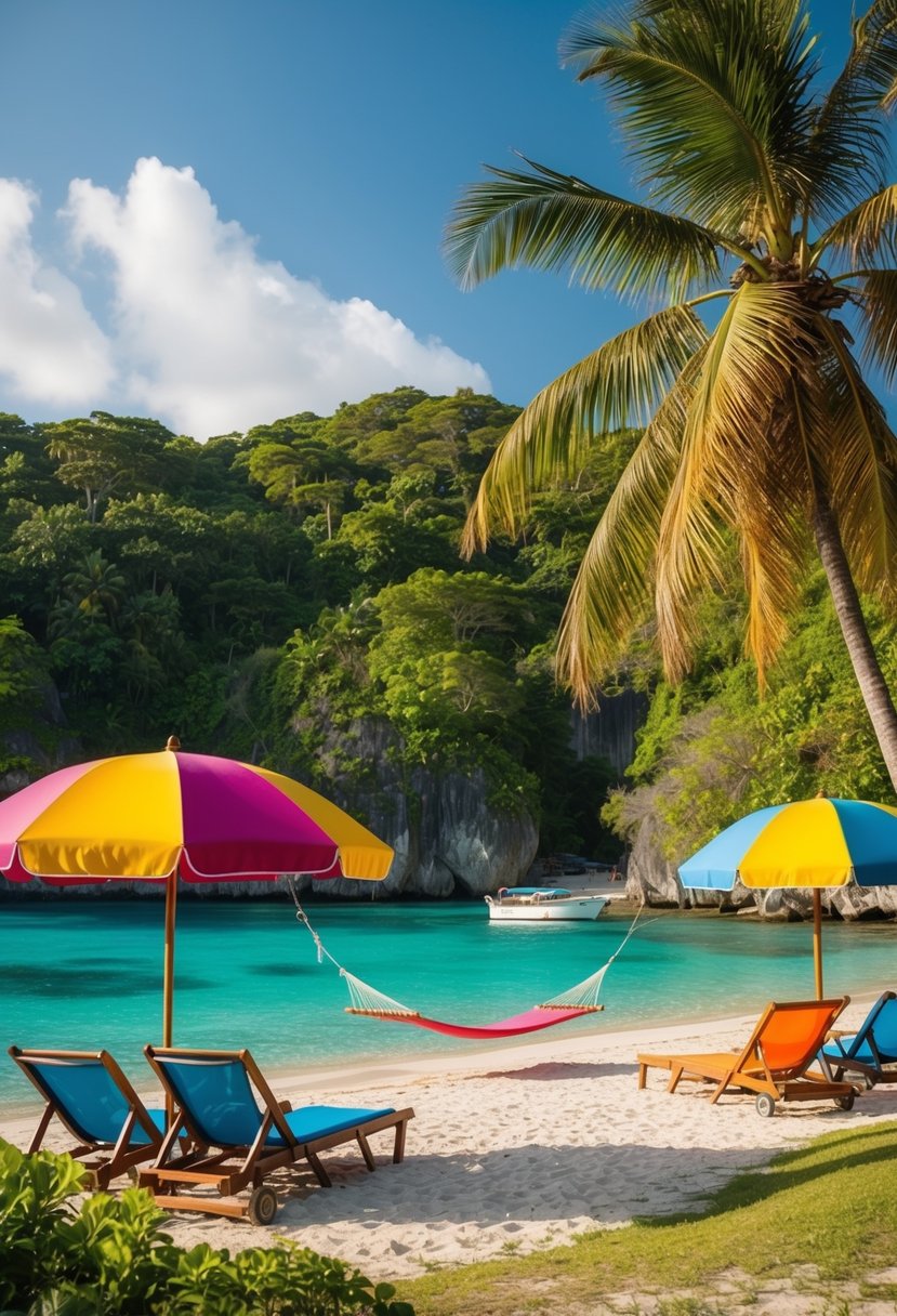 A secluded beach with colorful umbrellas and beach chairs, surrounded by lush greenery and crystal-clear waters. A hammock sways between two palm trees, and a small boat is anchored nearby
