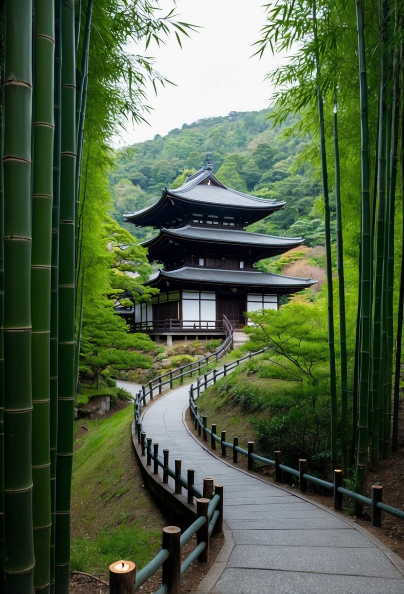 A serene bamboo forest with a winding path leading to a traditional Japanese tea house nestled in the hills of Kyoto, Japan