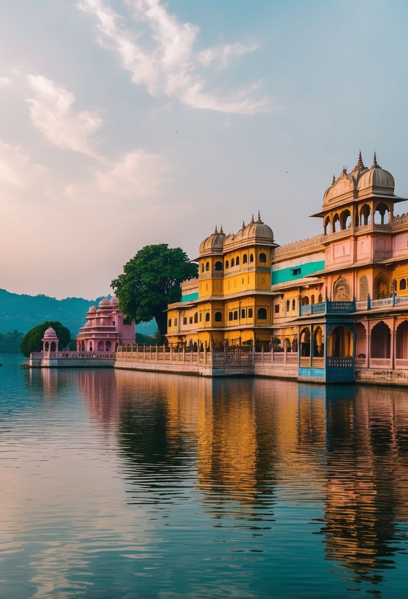 A serene lake surrounded by ancient palaces and colorful buildings in Udaipur, India