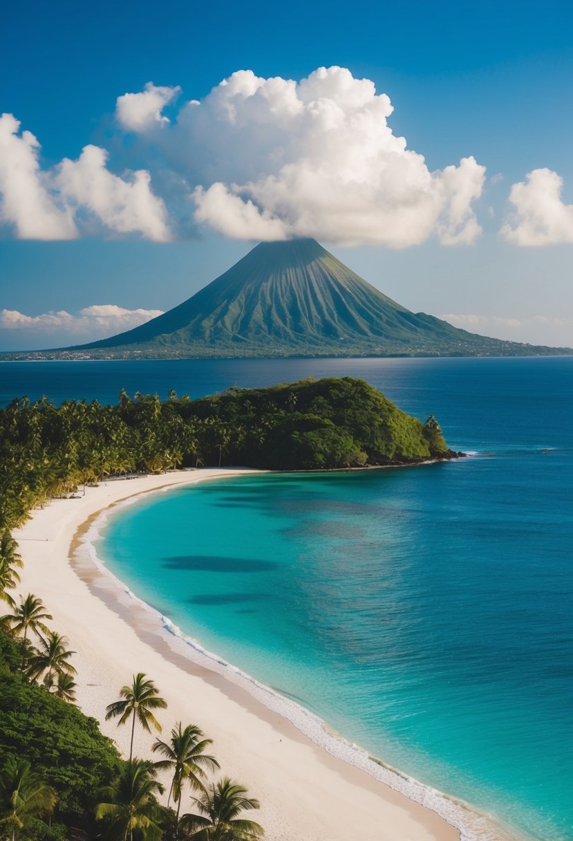 A lush tropical island with a towering volcano overlooks the sparkling blue ocean. White sandy beaches and palm trees line the shore