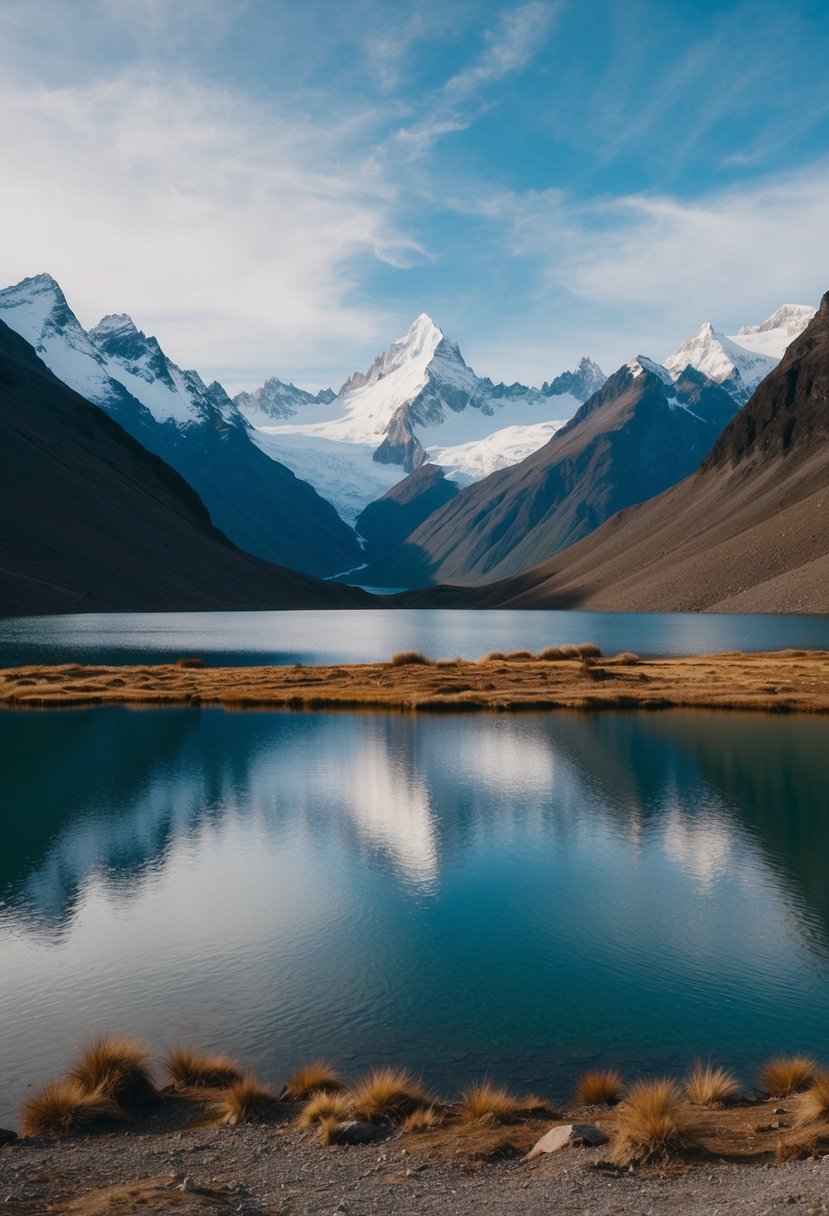 A serene lake surrounded by snow-capped mountains in Patagonia, Chile