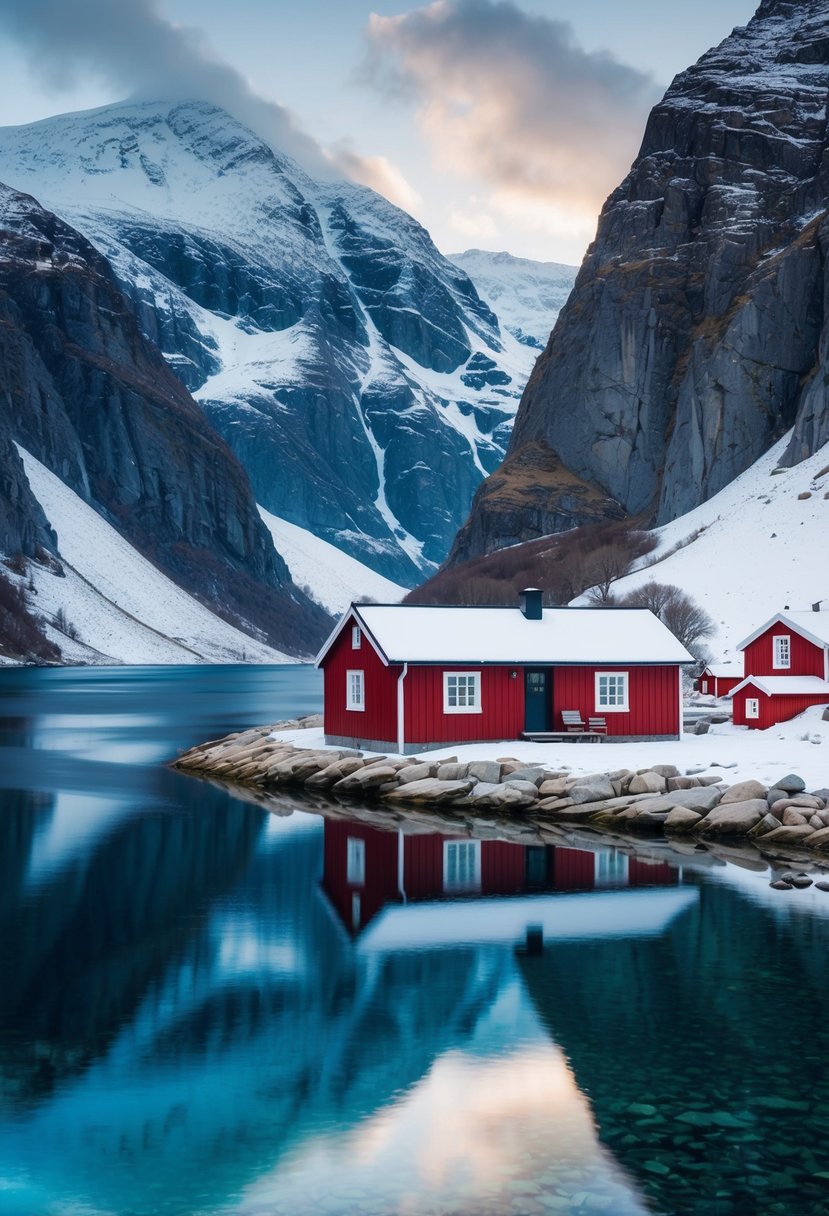 A cozy cabin nestled between snow-capped mountains and crystal-clear fjords on the Lofoten Islands in Norway