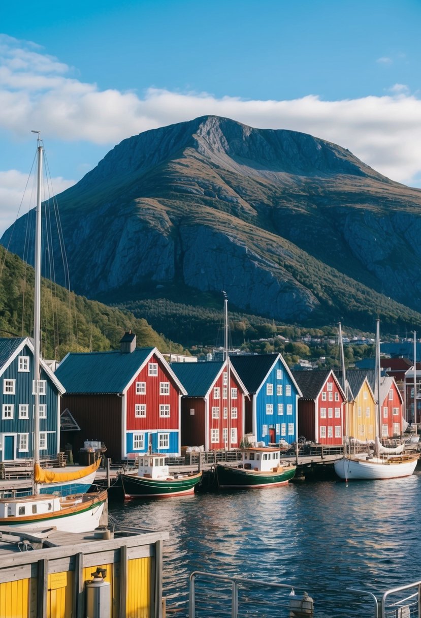 A picturesque view of Bergen's colorful waterfront with traditional wooden houses and boats lined up along the harbor. The surrounding mountains and clear blue sky create a stunning backdrop for a romantic honeymoon destination in Norway