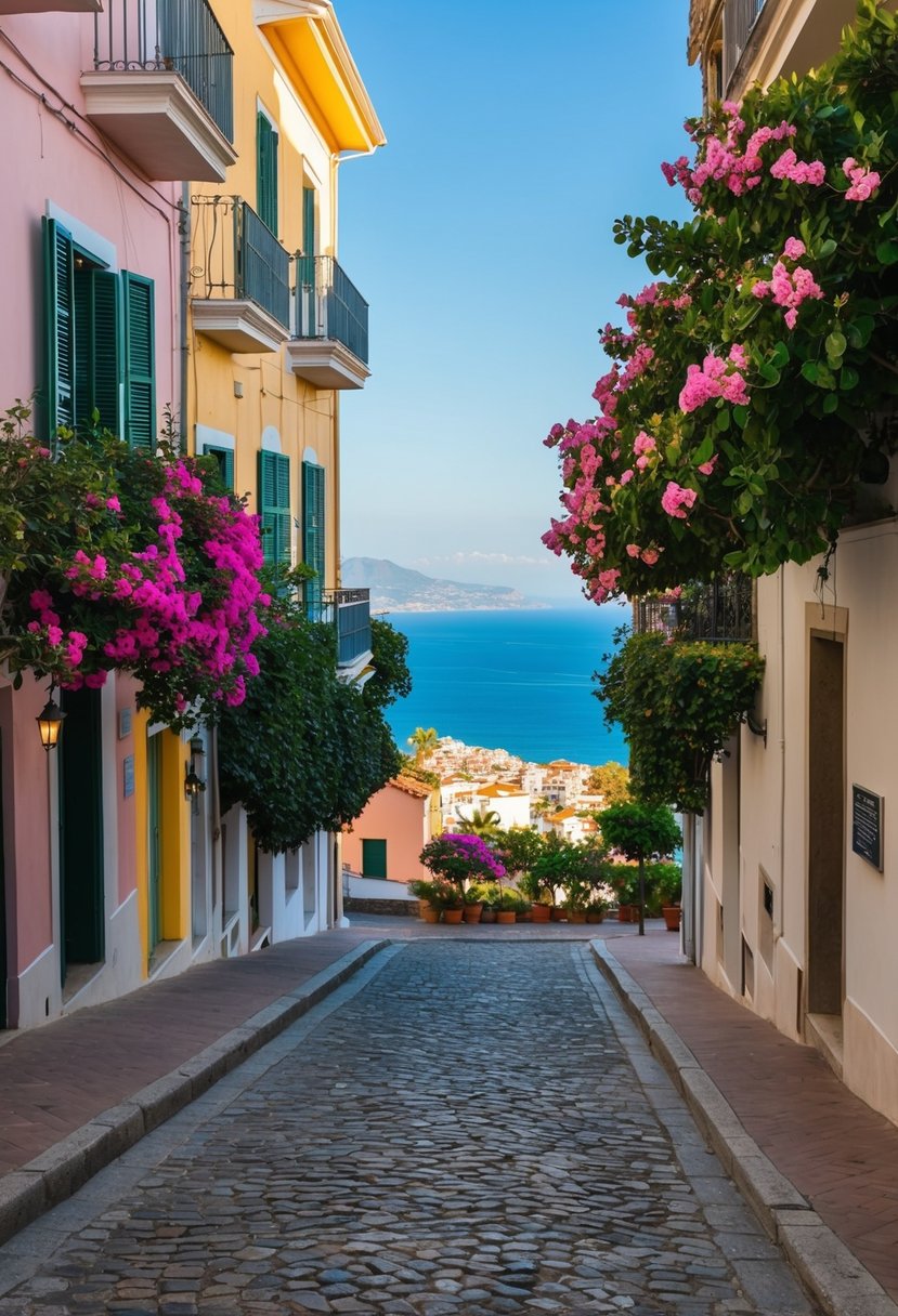 A quiet cobblestone street in Taormina, Italy, lined with colorful buildings and blooming bougainvillea, leading towards a stunning view of the Mediterranean Sea
