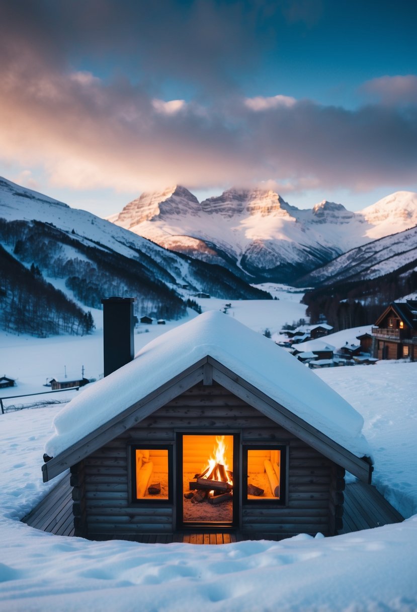 A cozy cabin nestled in a snowy landscape, with a warm fire burning inside and a view of the picturesque Røros mountains in the background