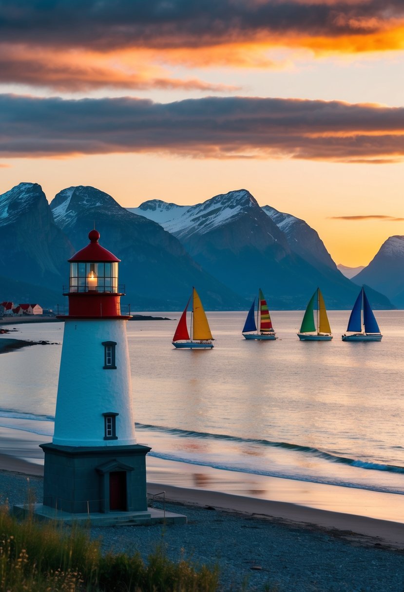 A serene beach at sunset, with a picturesque lighthouse and colorful sailboats in the distance, set against the backdrop of majestic Norwegian mountains