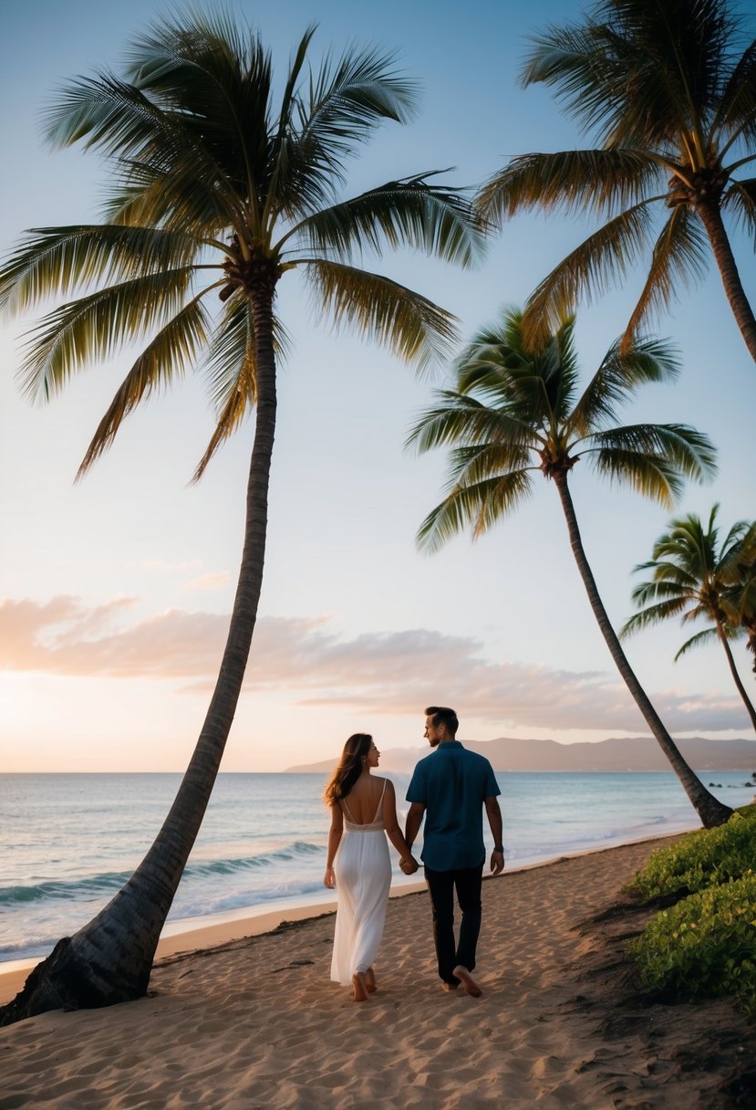 A couple strolling along a picturesque beach in Maui, with palm trees swaying in the gentle breeze and the sun setting over the ocean