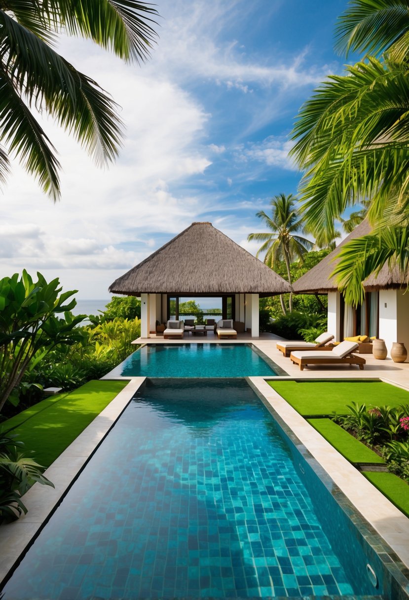 A luxurious private villa in Bali, surrounded by lush tropical gardens, a sparkling infinity pool, and breathtaking views of the ocean