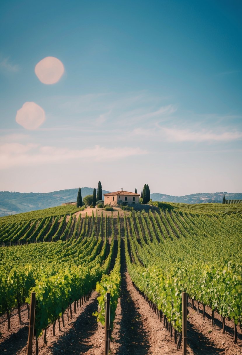 Rolling hills covered in vibrant vineyards under a clear blue sky, with a rustic villa nestled in the distance