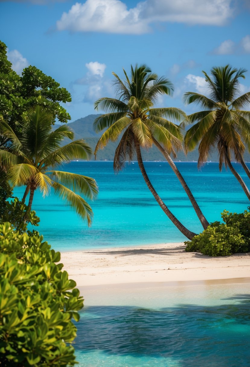 A secluded beach with crystal-clear turquoise waters, palm trees, and lush greenery on the island of St. Lucia in the Caribbean