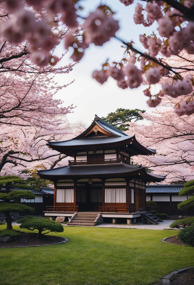A traditional Japanese tea house nestled among cherry blossom trees in a serene Kyoto garden