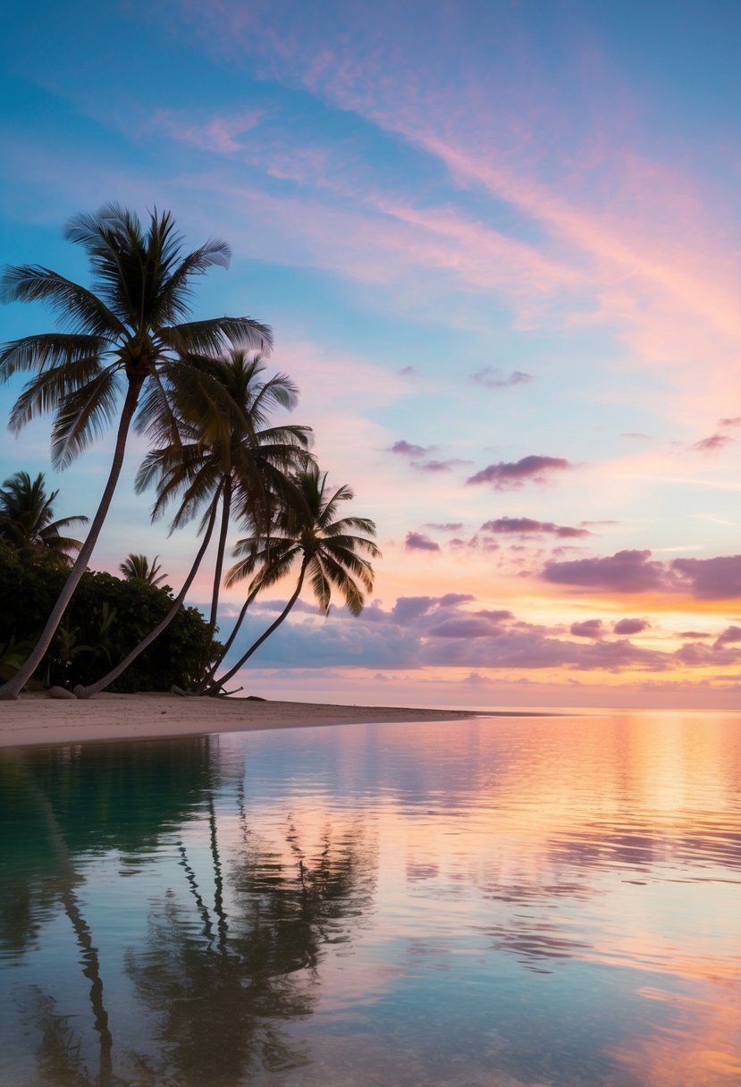 A tranquil beach at sunset, with palm trees swaying in the warm breeze and a colorful sky reflecting in the calm, clear water
