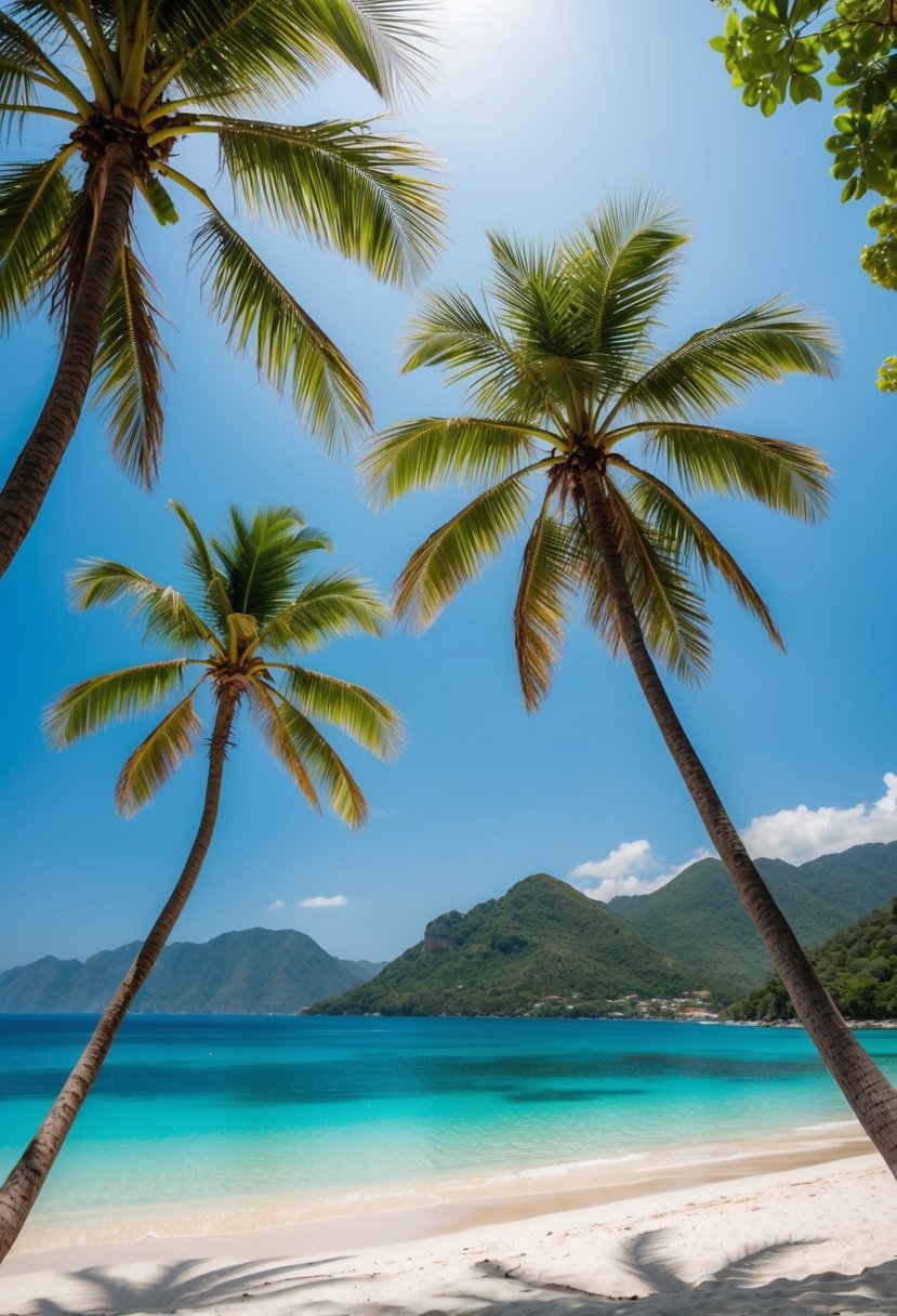A serene beach with crystal clear waters and palm trees, surrounded by lush green mountains under a bright blue sky
