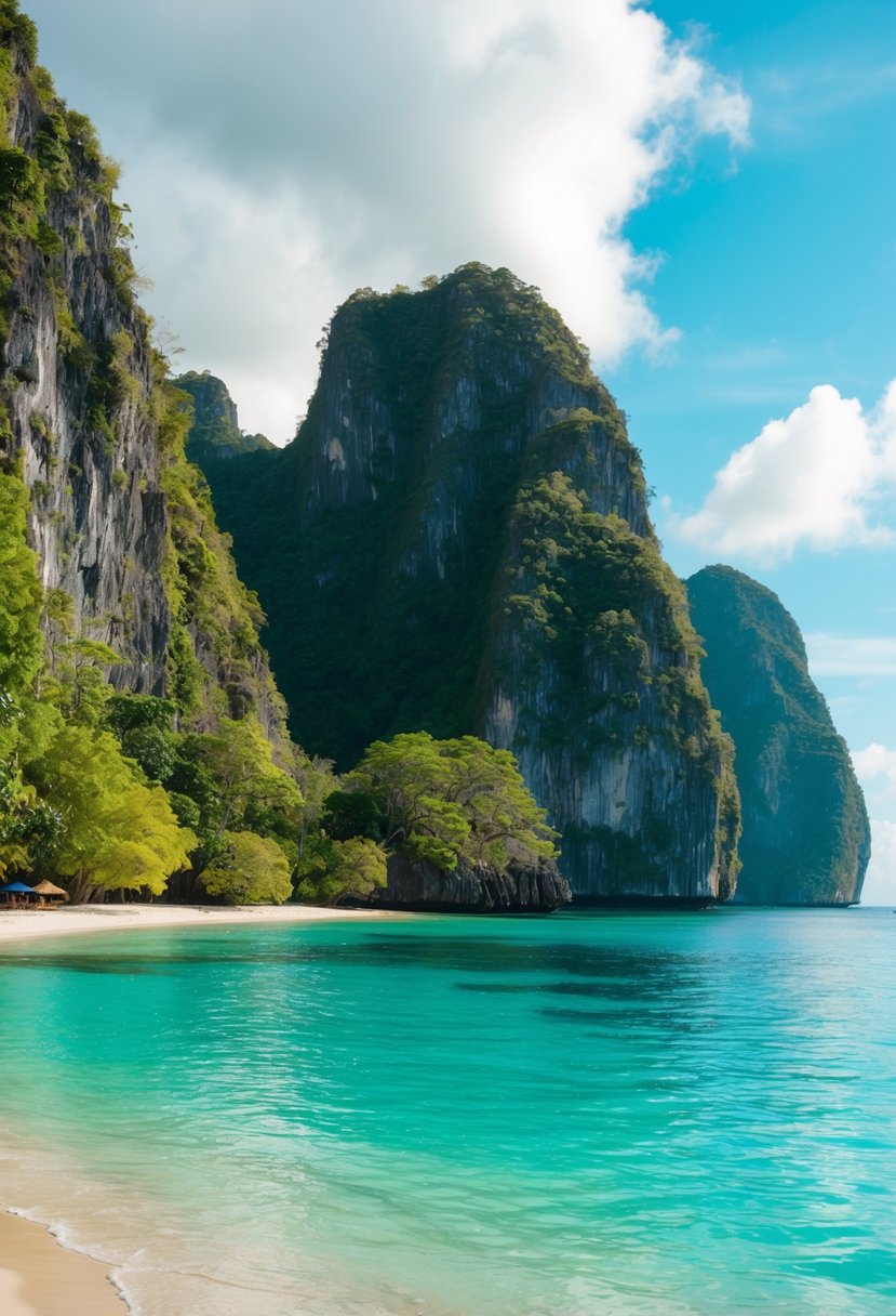 A serene beach with crystal-clear waters, towering limestone cliffs, and lush greenery, creating a picturesque honeymoon destination in El Nido, Palawan, Philippines