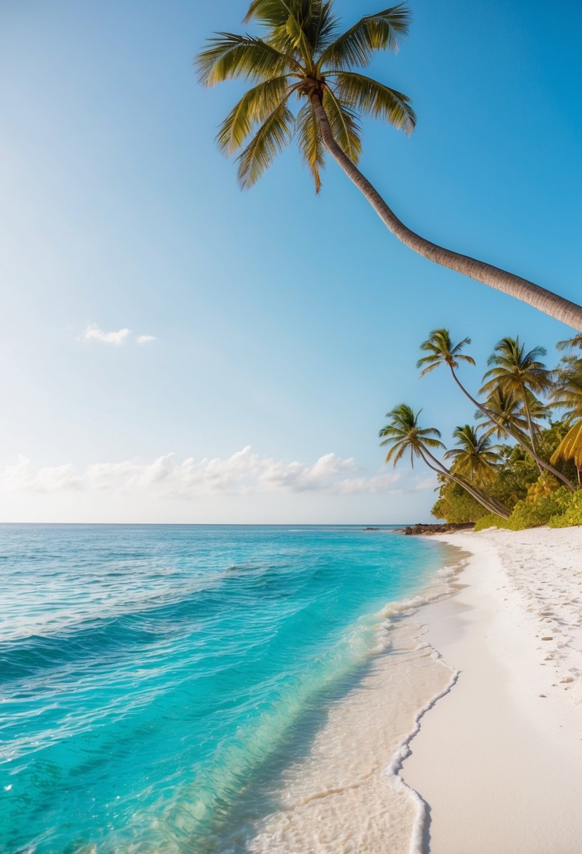Crystal-clear waters lapping against powdery white sand beach, with palm trees swaying in the gentle ocean breeze