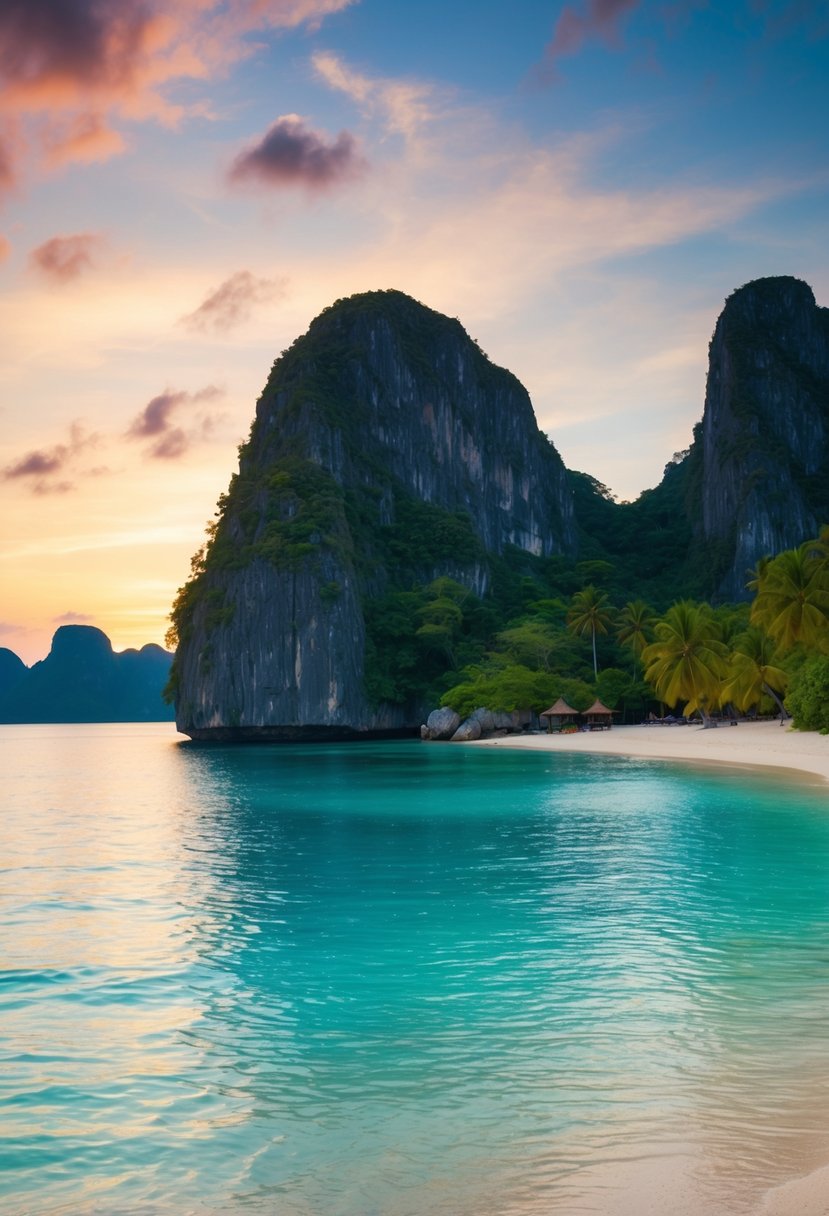 A serene beach with crystal-clear waters, lush greenery, and towering limestone cliffs, set against a colorful sunset in Coron, Palawan