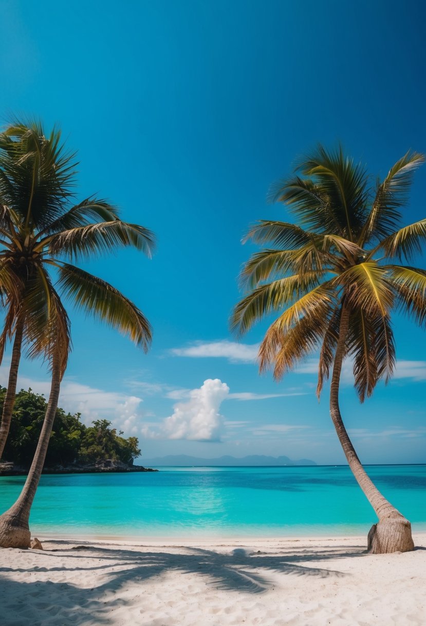 A tranquil beach with palm trees, turquoise waters, and a clear blue sky on Siargao Island in the Philippines