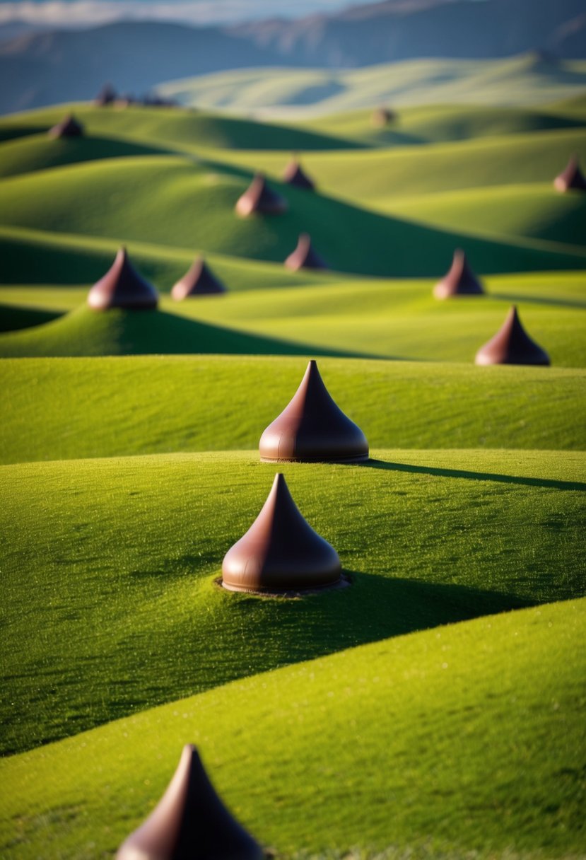 Rolling green hills dotted with conical mounds, resembling giant chocolate kisses scattered across the landscape