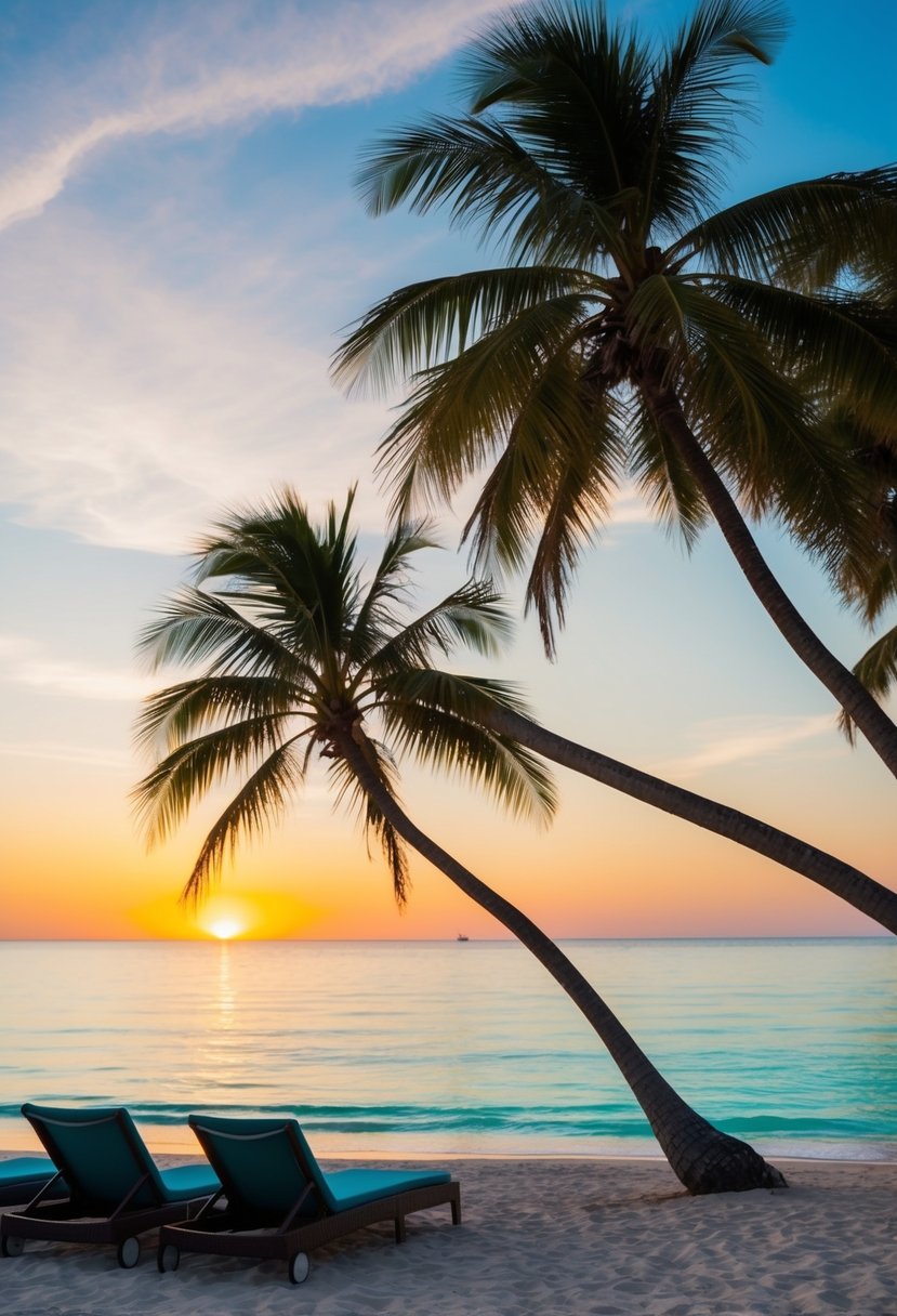 A serene beach at sunset, with palm trees, turquoise waters, and a couple of lounge chairs on the shore