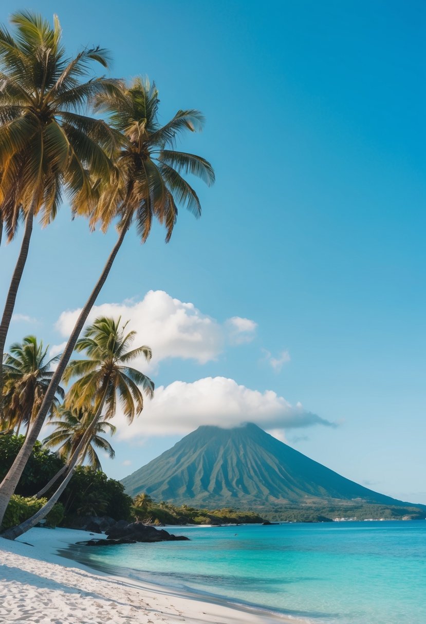 A serene beach with white sand, crystal-clear water, and lush palm trees, surrounded by volcanic mountains and a clear blue sky