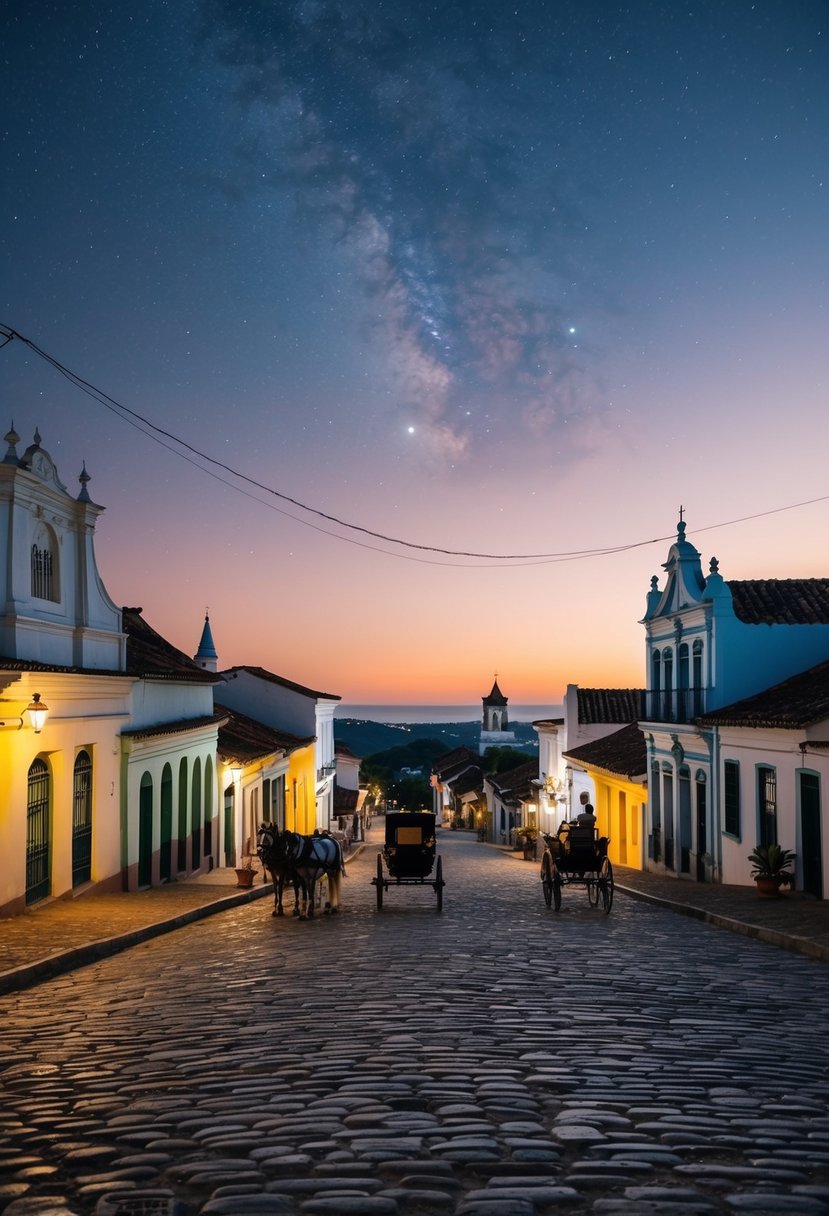 A serene evening in Vigan, with cobblestone streets, colonial architecture, and horse-drawn carriages under a starry sky