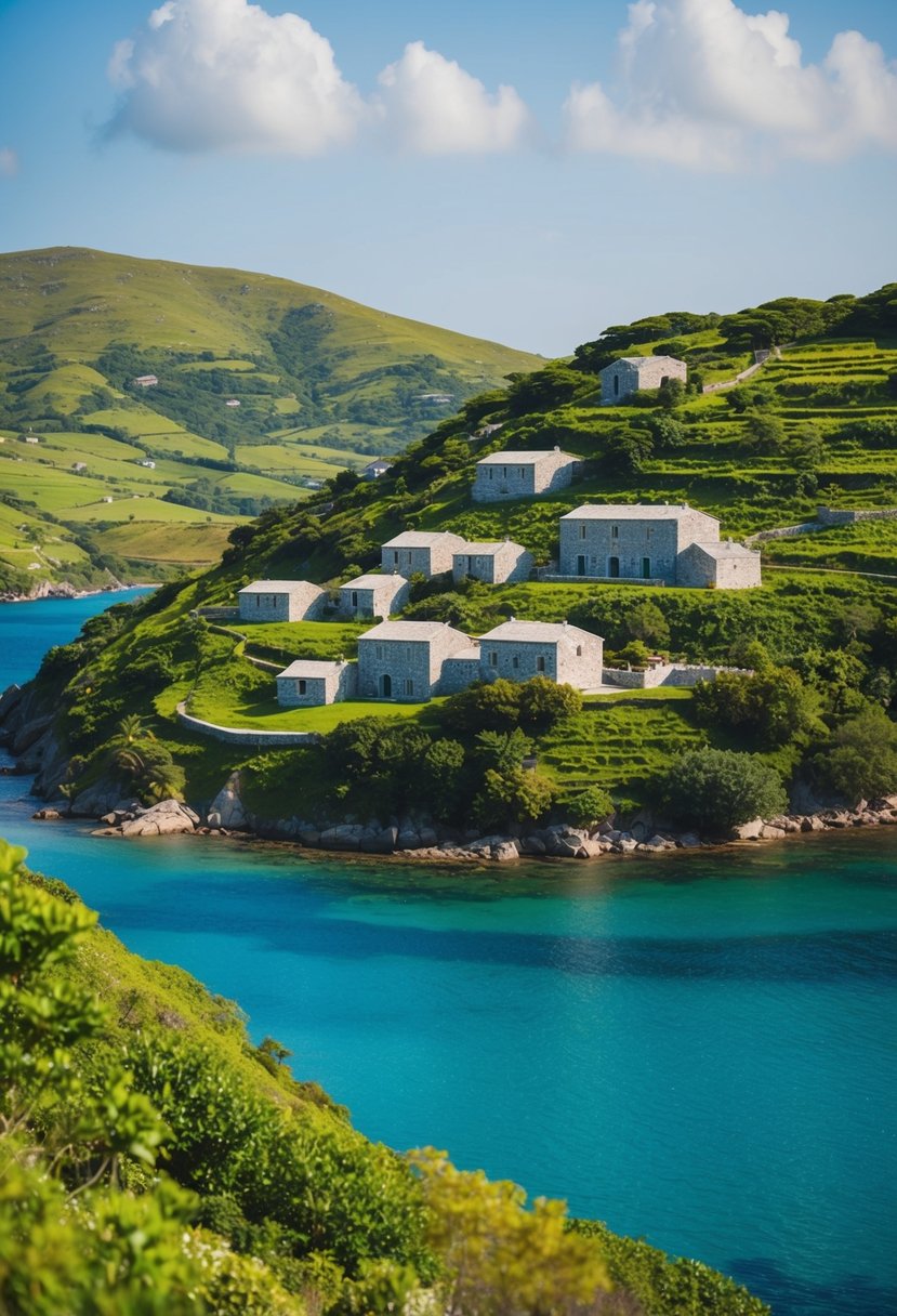 Lush green hills overlook crystal blue waters, with traditional stone houses dotting the landscape. A serene and idyllic setting for a honeymoon getaway