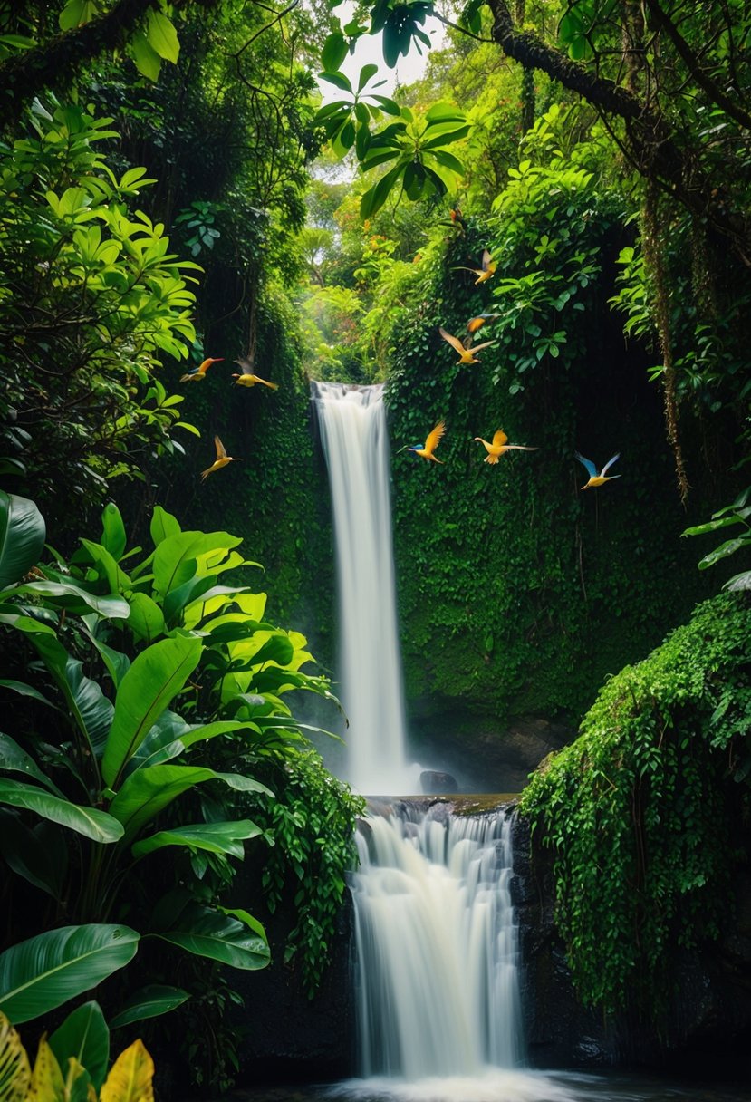 Lush green foliage surrounds a cascading waterfall in El Yunque Rainforest, with colorful birds flitting among the trees