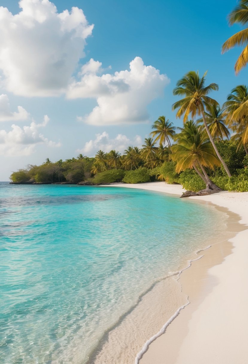 Crystal-clear waters surround a pristine white sand beach with lush palm trees and colorful coral reefs in the distance