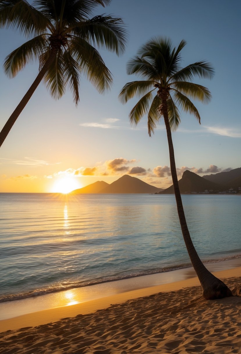 The sun sets over the tranquil Rincón Beaches, casting a warm glow on the golden sands and calm, crystal-clear waters. Palm trees sway gently in the breeze, creating a serene and romantic atmosphere for honeymooners