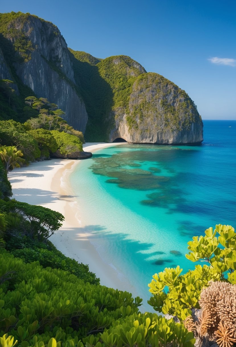 A serene beach with crystal-clear waters and lush greenery, surrounded by towering cliffs and colorful coral reefs