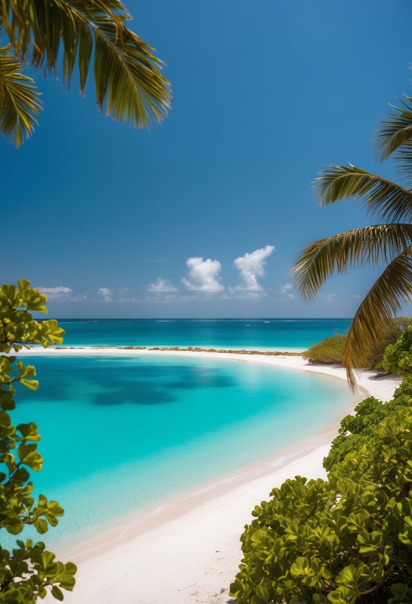 Turquoise waters meet white sandy shore, framed by lush greenery and clear blue skies at Culebra's Flamenco Beach in Puerto Rico