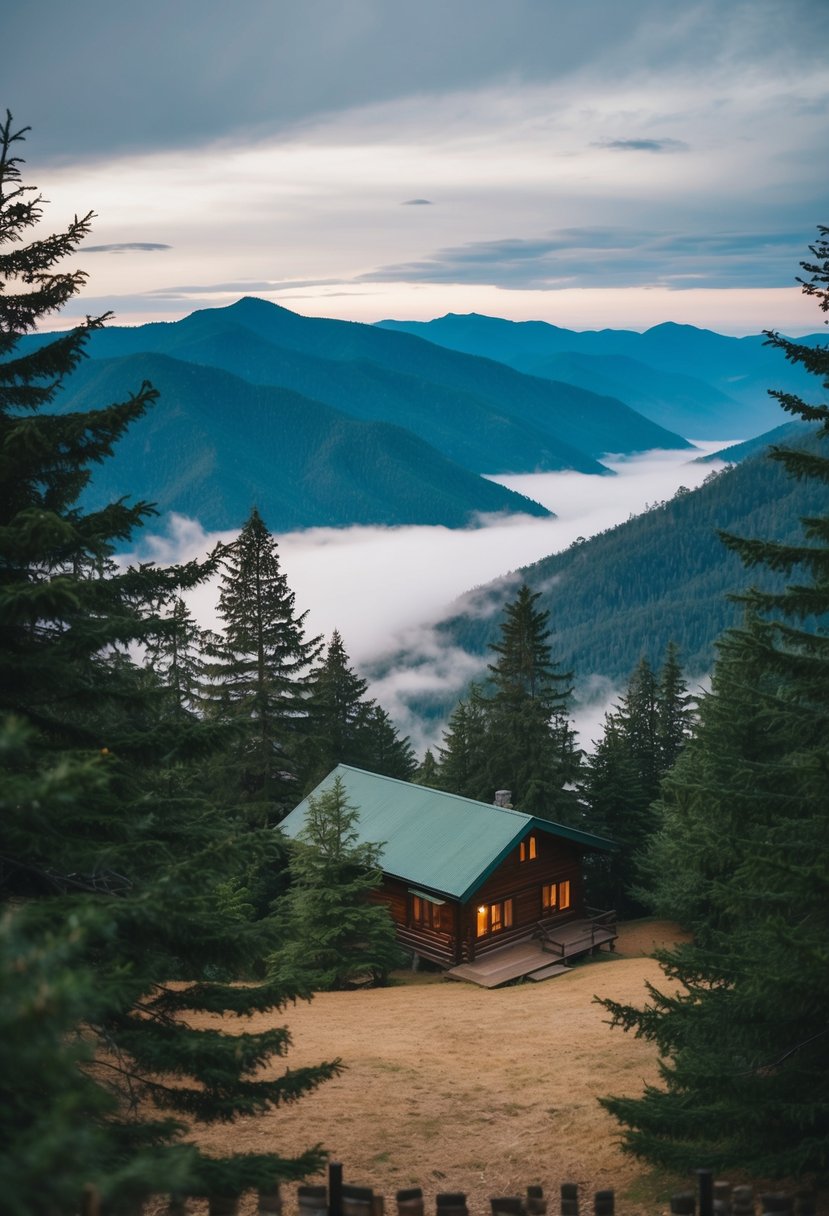 A cozy mountain cabin nestled among pine trees, overlooking the misty valleys of Baguio City