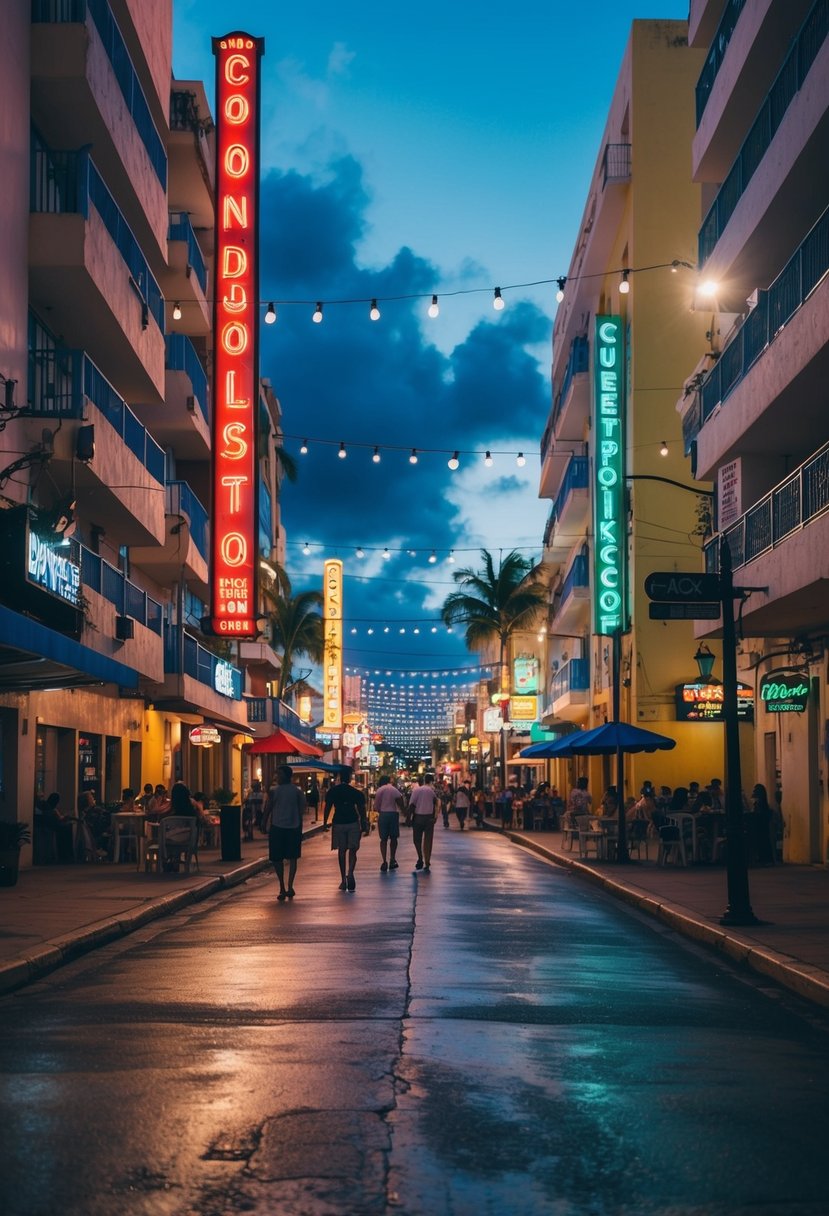 A lively street in Condado, Puerto Rico, illuminated by neon lights and filled with bustling nightlife venues