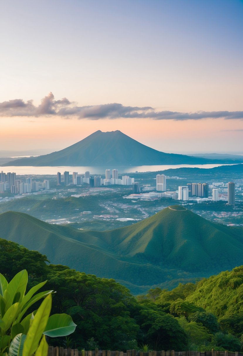 A serene view of Tagaytay City's lush green hills, overlooking the famous Taal Volcano in the distance