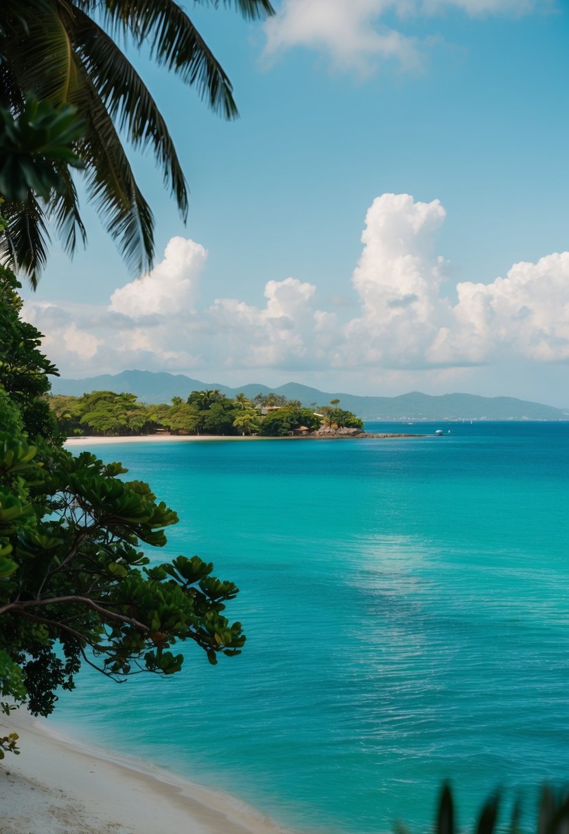A serene beach with clear blue waters and lush greenery, overlooking the majestic Subic Bay in Zambales, Philippines