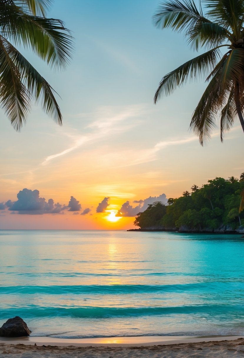 A serene beach with clear turquoise waters, palm trees, and a vibrant sunset over the horizon in Puerto Princesa, Palawan