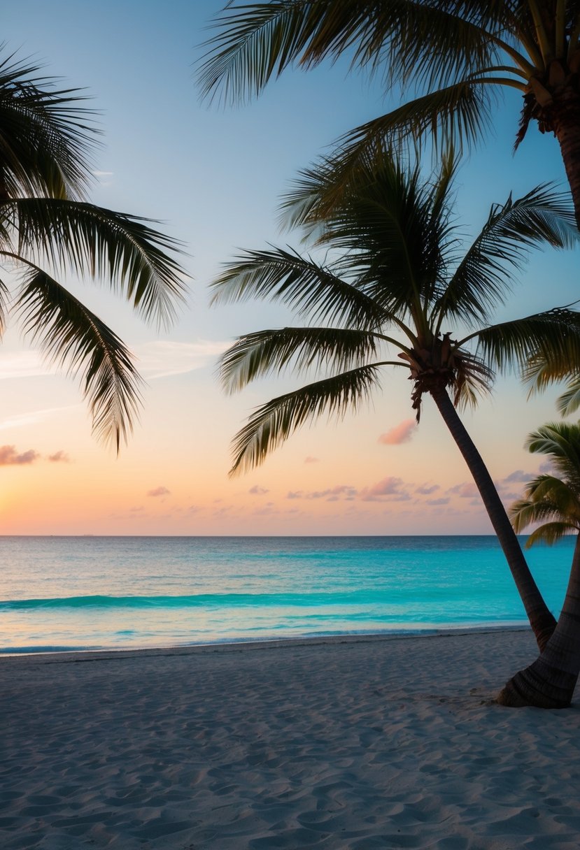 A serene sunset over Luquillo Beach, with palm trees swaying in the gentle breeze and the turquoise waters glistening in the fading light