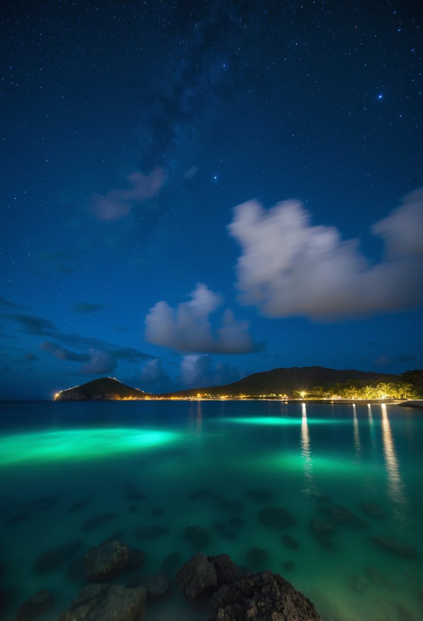 A serene night scene of La Parguera Bio Bay in Puerto Rico, with glowing bioluminescent waters and a starry sky above