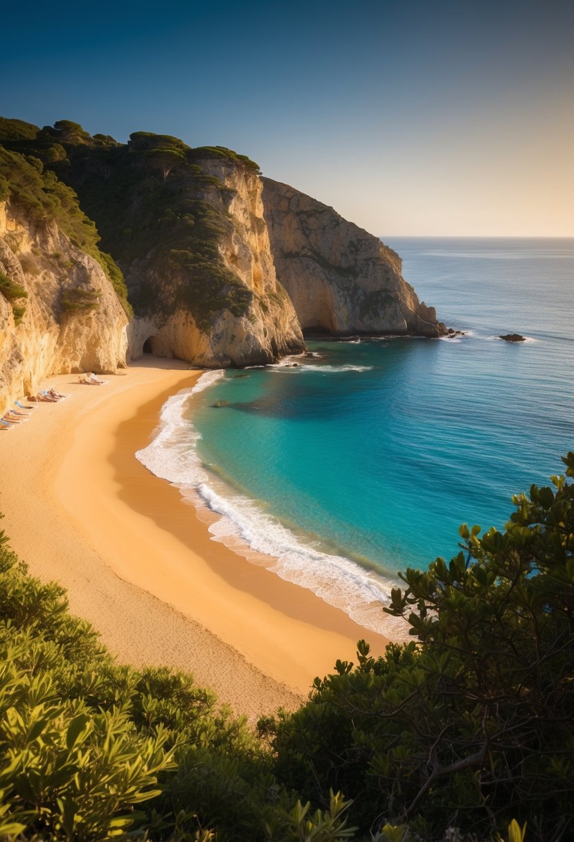 A serene beach with golden sand and crystal-clear blue waters, framed by rugged cliffs and lush greenery, perfect for a romantic honeymoon getaway in Portugal