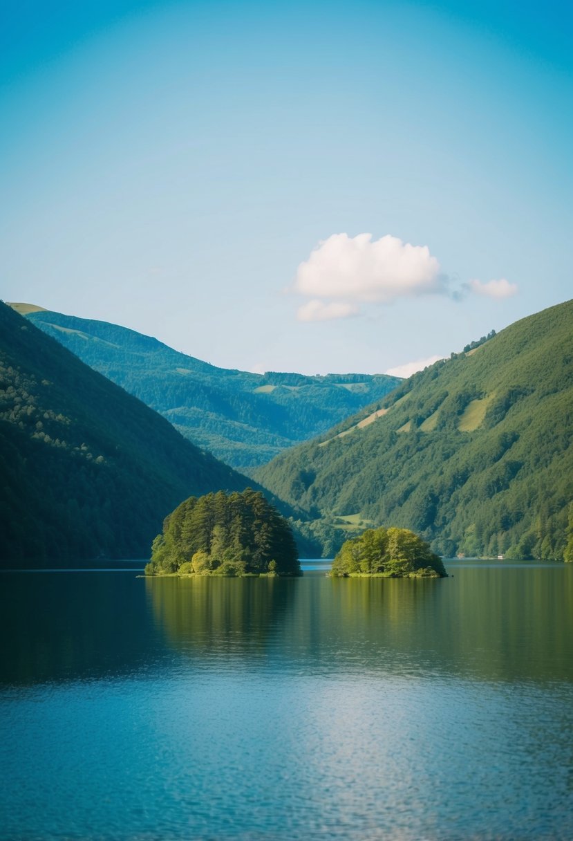 A serene lake surrounded by lush green hills, with two small islands in the center, under a clear blue sky