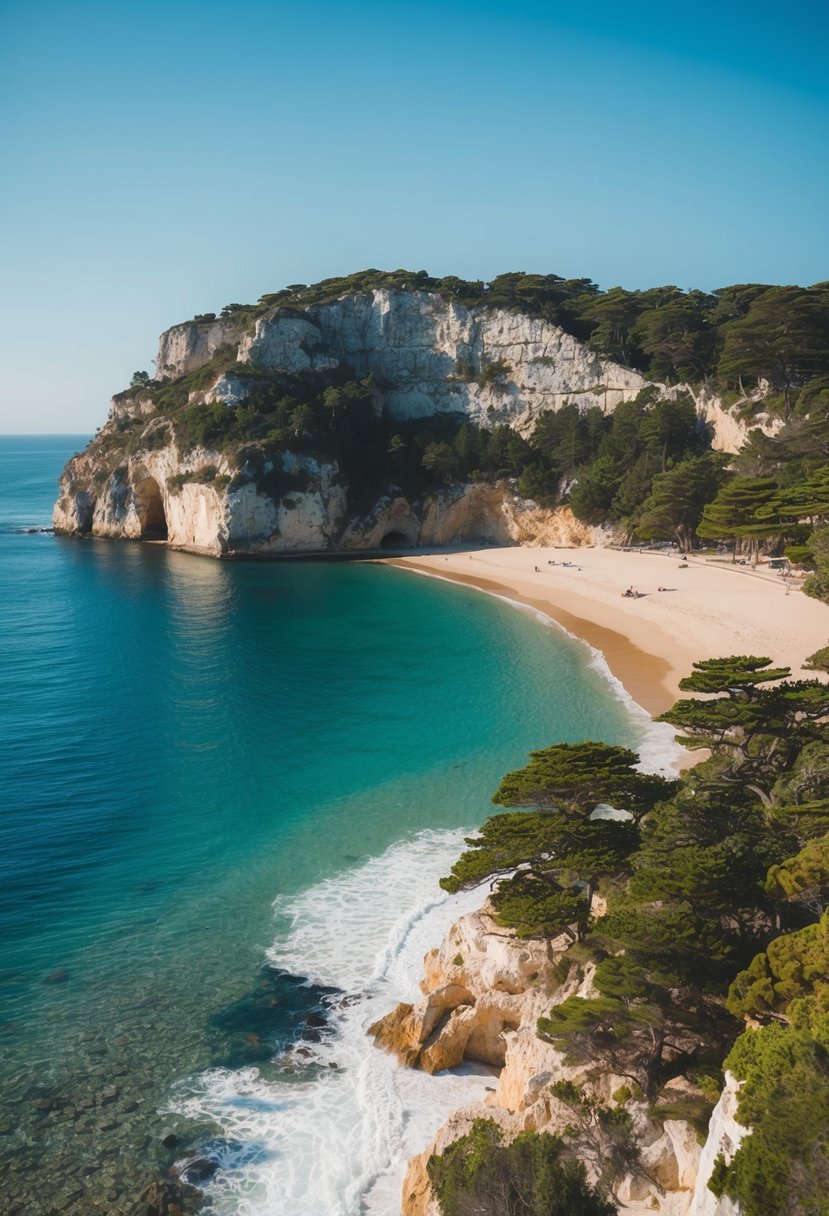 A serene beach at Sintra-Cascais Natural Park, with towering cliffs, clear blue waters, and lush greenery