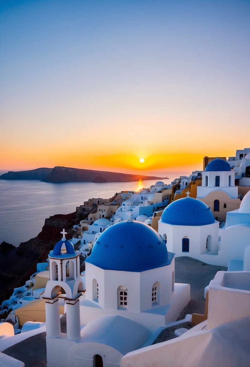 The sun setting over the white-washed buildings and blue-domed churches of Santorini, with the crystal-clear waters of the Aegean Sea below