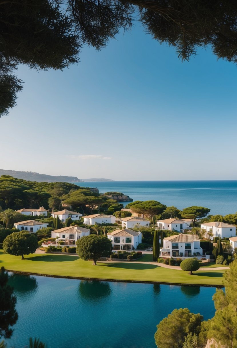 A serene lakeside resort with lush greenery, luxury villas, and a clear blue sky, set against the backdrop of the Algarve coast in Portugal