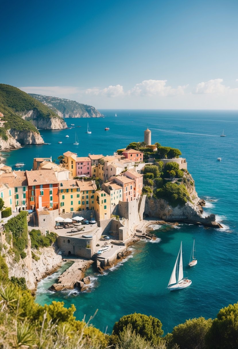 A picturesque cliffside village overlooks the turquoise sea with colorful buildings and lush greenery. Rocky coastline and sailboats add to the romantic atmosphere
