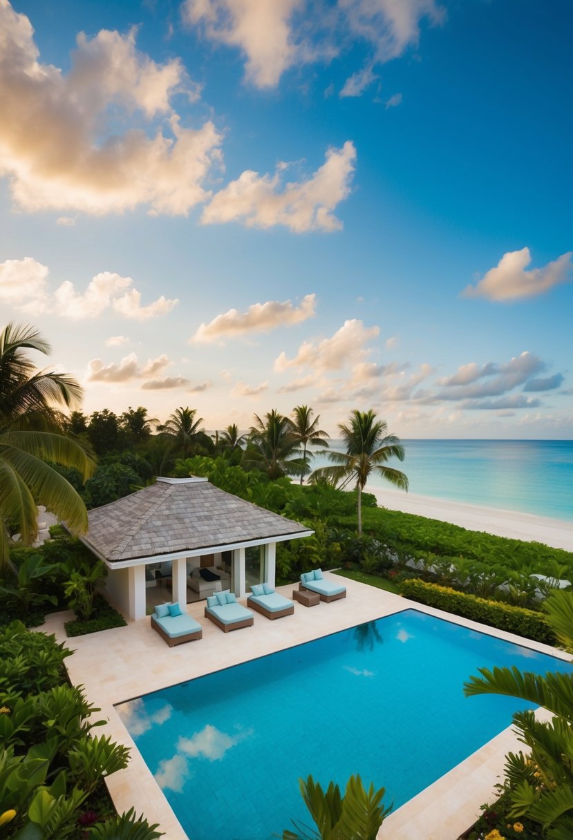 A luxurious villa with a private pool surrounded by lush tropical gardens and overlooking a pristine beach