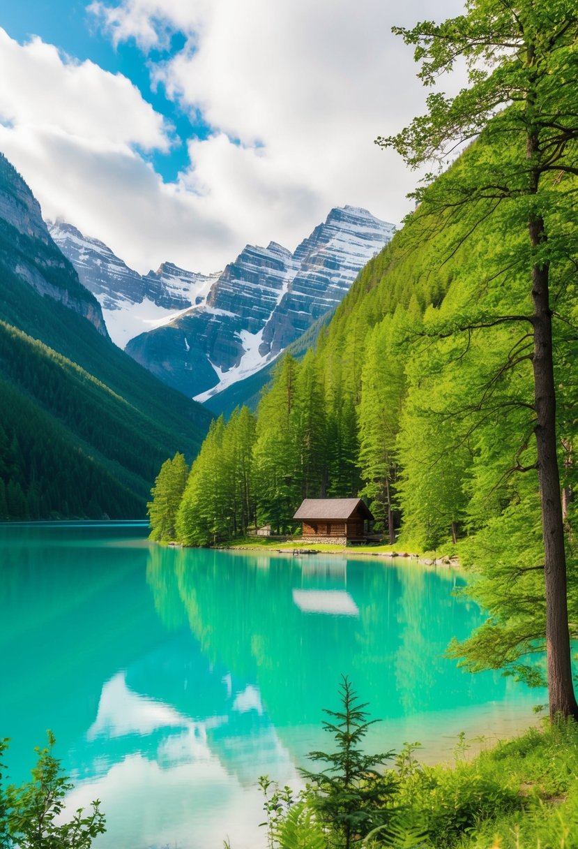 Lush green mountains surround a serene turquoise lake, with a small wooden cabin nestled among the trees. Snow-capped peaks tower in the distance, creating a picturesque and romantic setting