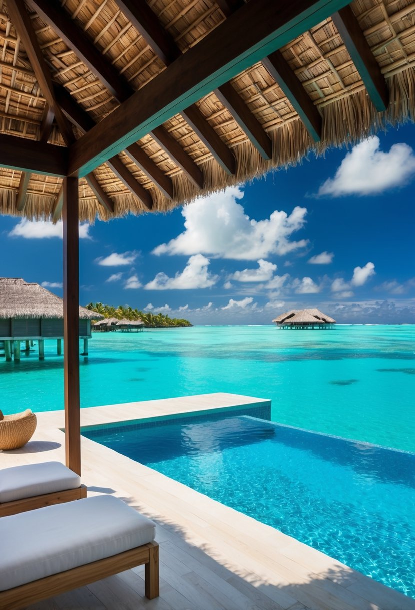 A luxurious overwater bungalow in Bora Bora, with a private pool overlooking the crystal-clear turquoise waters of the lagoon