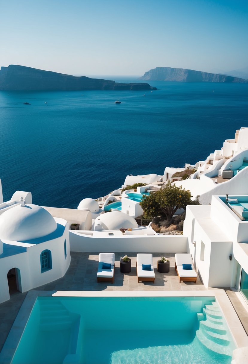 A luxurious villa in Santorini, Greece with a private pool overlooking the stunning blue waters and white-washed buildings of the island